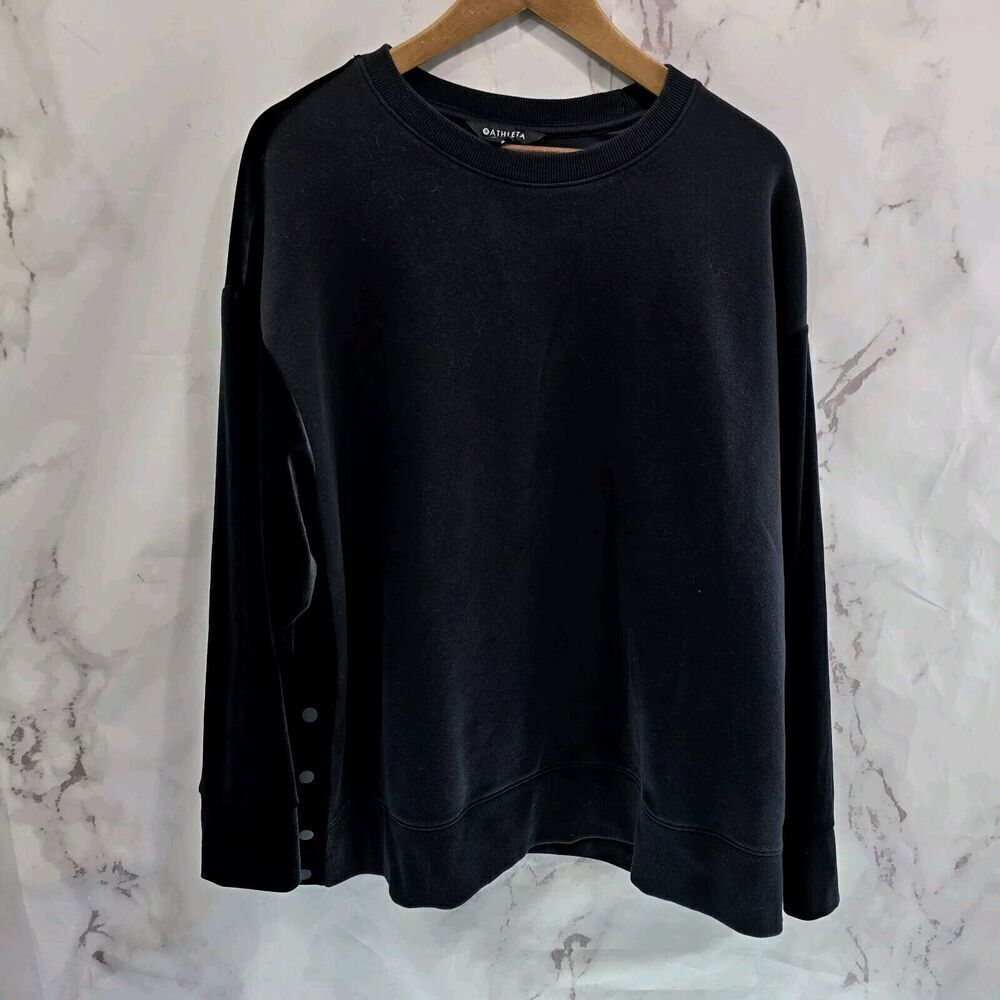 Athleta Sweatshirt Womens 1X Black Velvet Retroplush Pullover Crewneck Button